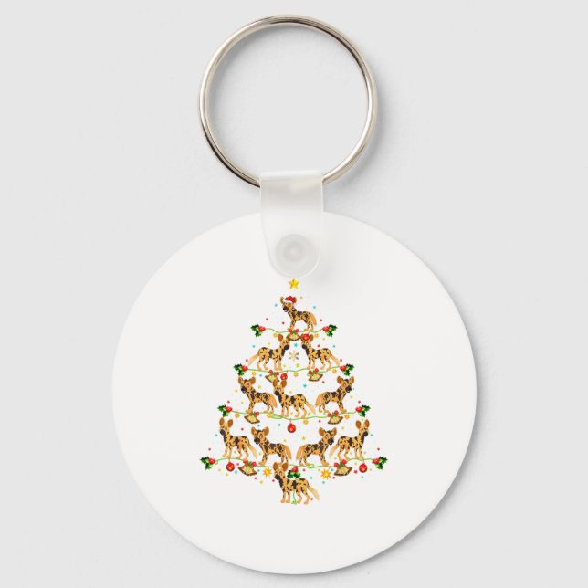 Xmas Lighting Santa African Wild Dog Christmas Tre Keychain (Front)