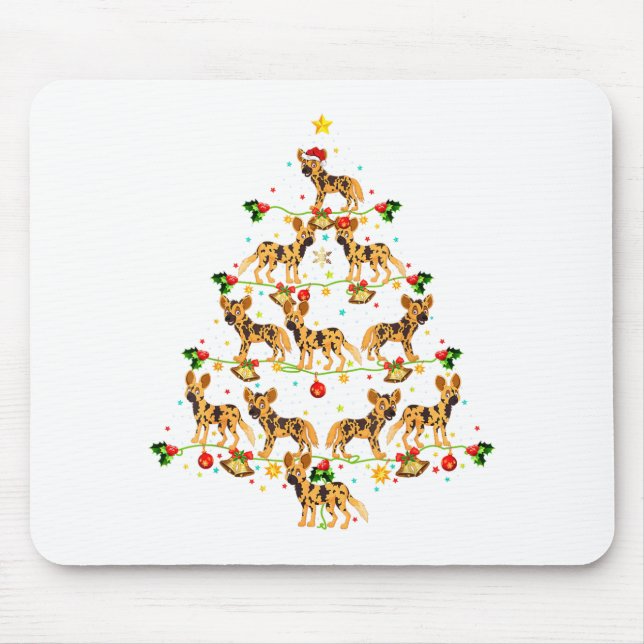 Xmas Lighting Santa African Wild Dog Christmas Tre Mouse Pad (Front)