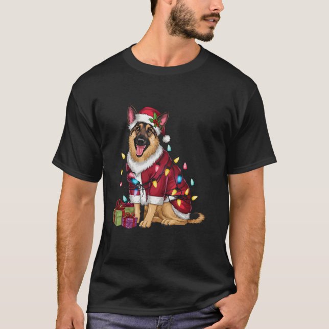 Xmas Lighting Santa German Shepherd Dog Christmas T-Shirt (Front)