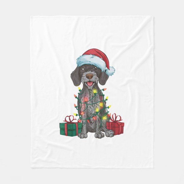 Xmas Lighting Santa German Wirehaired Pointer Dog  Fleece Blanket (Front)