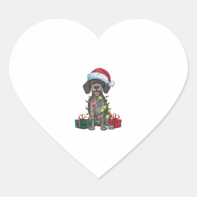 Xmas Lighting Santa German Wirehaired Pointer Dog  Heart Sticker (Front)