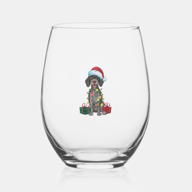 Xmas Lighting Santa German Wirehaired Pointer Dog  Stemless Wine Glass (Front)