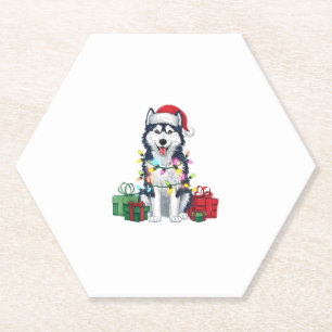 Xmas Lighting Santa Hat Alaskan Husky Dog Christma Paper Coaster