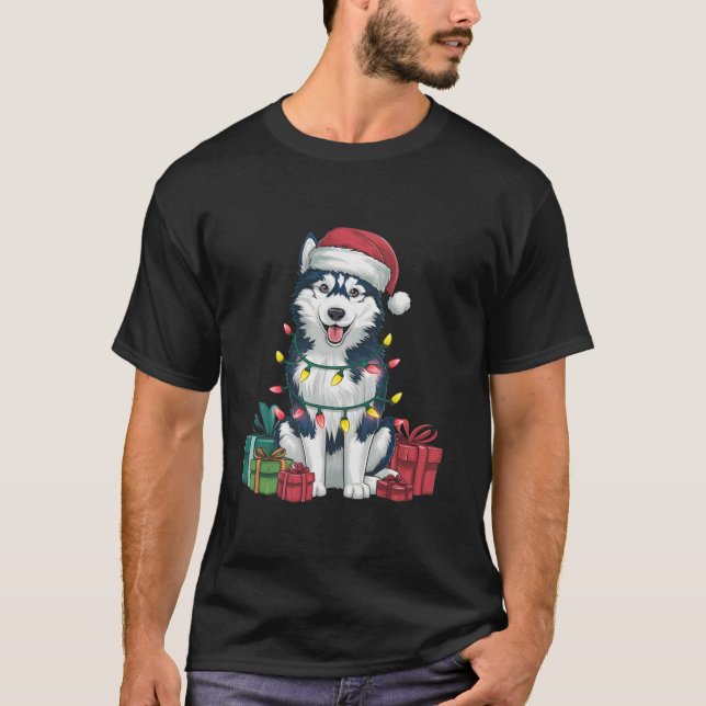 Xmas Lighting Santa Hat Alaskan Husky Dog Christma T-Shirt (Front)