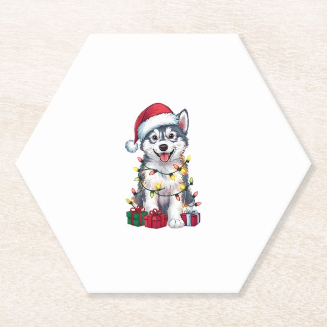 Xmas Lighting Santa Hat Alaskan Malamute Dog Chris Paper Coaster (Front)