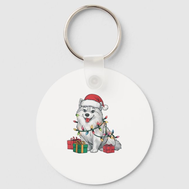 Xmas Lighting Santa Hat American Eskimo Dog Christ Keychain (Front)
