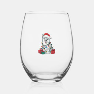 Xmas Lighting Santa Hat American Eskimo Dog Christ Stemless Wine Glass