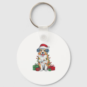 Xmas Lighting Santa Hat Australian Shepherd Dog Ch Keychain