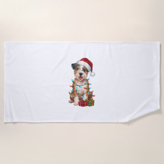 Xmas Lighting Santa Hat Australian Terrier Dog Chr Beach Towel