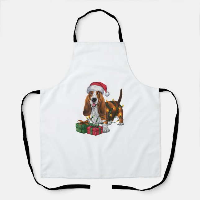 Xmas Lighting Santa Hat Basset Hound Dog Christmas Apron (Front)