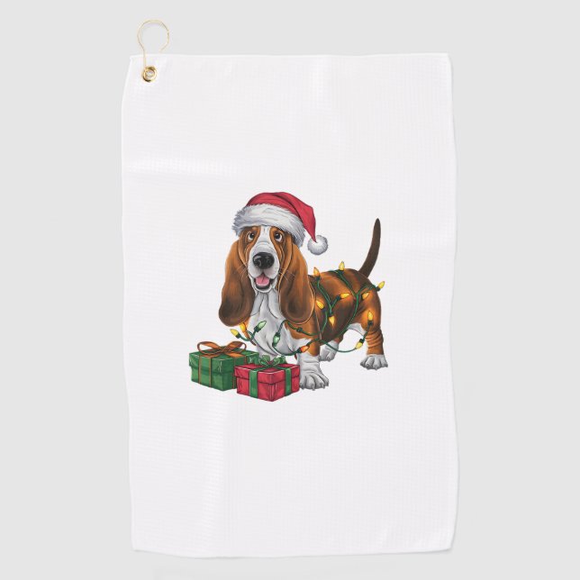 Xmas Lighting Santa Hat Basset Hound Dog Christmas Golf Towel (Front)