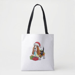 Xmas Lighting Santa Hat Basset Hound Dog Christmas Tote Bag