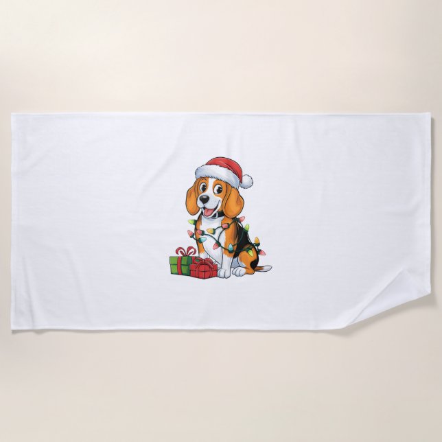 Xmas Lighting Santa Hat Beagle Dog Christmas  Beach Towel (Front)