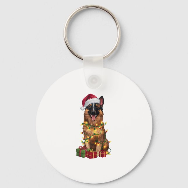 Xmas Lighting Santa Hat Belgian Tervuren Dog Chris Keychain (Front)