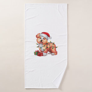 Xmas Lighting Santa Hat Bichon Dog Christmas Bath Towel