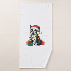 Xmas Lighting Santa Hat Boston Terrier Dog Christm Bath Towel