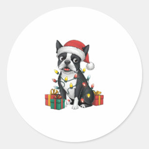 Xmas Lighting Santa Hat Boston Terrier Dog Christm Classic Round Sticker