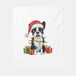 Xmas Lighting Santa Hat Boston Terrier Dog Christm Fleece Blanket