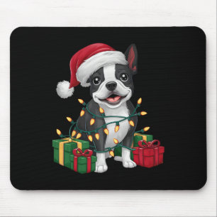 Xmas Lighting Santa Hat Boston Terrier Dog Christm Mouse Pad