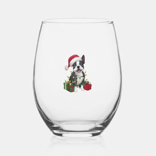Xmas Lighting Santa Hat Boston Terrier Dog Christm Stemless Wine Glass