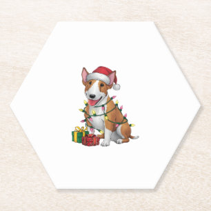 Xmas Lighting Santa Hat Bull Terrier Dog Christmas Paper Coaster
