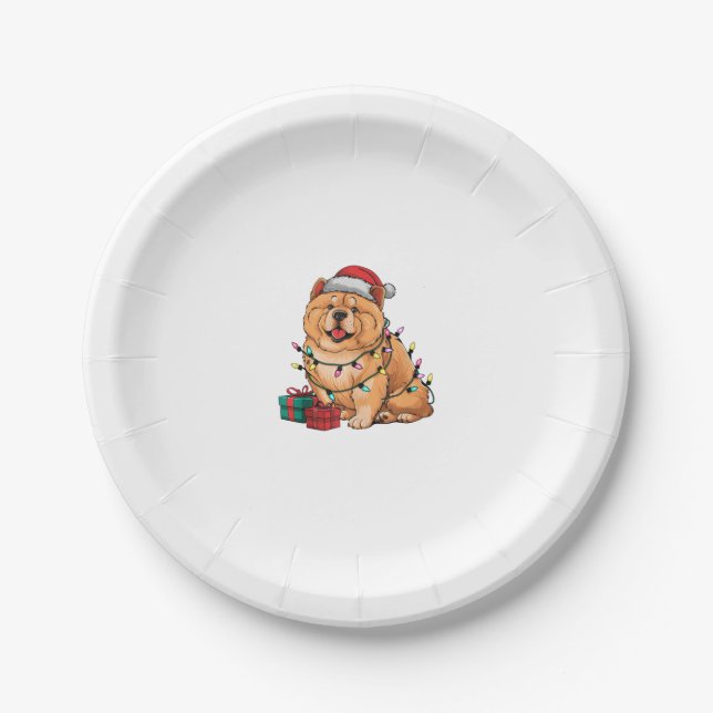 Xmas Lighting Santa Hat Chow Chow Dog Christmas  Paper Plate (Front)