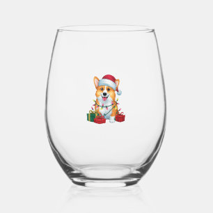 Xmas Lighting Santa Hat Corgi Dog Christmas _1 Stemless Wine Glass