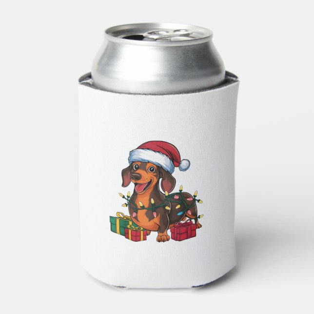 Xmas Lighting Santa Hat Dachshund Dog Christmas  Can Cooler (Can Front)