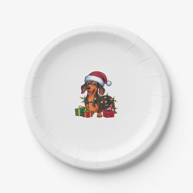 Xmas Lighting Santa Hat Dachshund Dog Christmas  Paper Plate (Front)