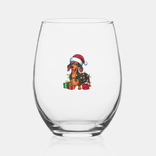 Xmas Lighting Santa Hat Dachshund Dog Christmas  Stemless Wine Glass