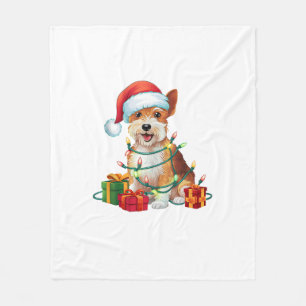Xmas Lighting Santa Hat Dandie Dinmont Terrier Dog Fleece Blanket