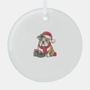 Xmas Lighting Santa Hat English Bulldog Christmas Glass Ornament