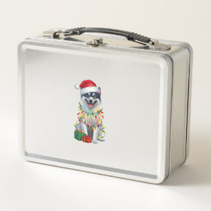 Xmas Lighting Santa Hat Finnish Spitz Dog Christma Metal Lunch Box