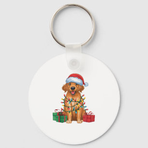 Xmas Lighting Santa Hat Flat Coated Retriever Dog Keychain