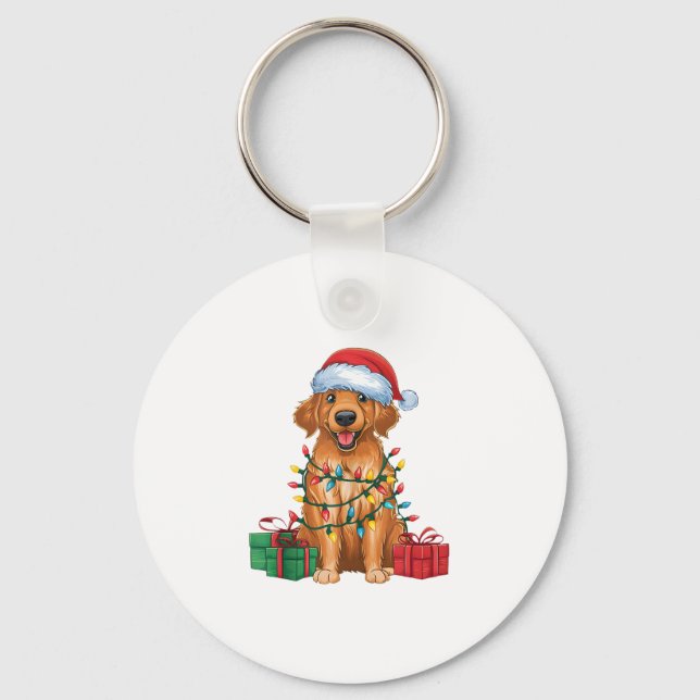 Xmas Lighting Santa Hat Flat Coated Retriever Dog  Keychain (Front)