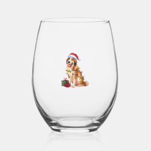 Xmas Lighting Santa Hat Great Pyrenees Dog Christm Stemless Wine Glass