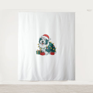Xmas Lighting Santa Hat Icelandic Sheepdog Christm Tapestry