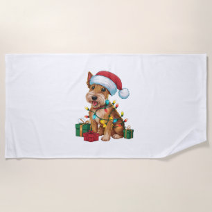 Xmas Lighting Santa Hat Irish Terrier Dog Christma Beach Towel