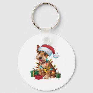 Xmas Lighting Santa Hat Irish Terrier Dog Christma Keychain