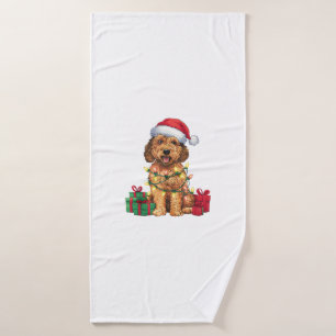 Xmas Lighting Santa Hat Labradoodle Dog Christmas Bath Towel
