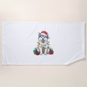 Xmas Lighting Santa Hat Malamute Dog Christmas  Beach Towel