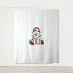 Xmas Lighting Santa Hat Malamute Dog Christmas  Tapestry