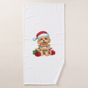 Xmas Lighting Santa Hat Maltipoo Dog Christmas  Bath Towel
