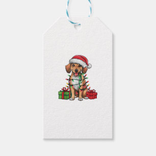 Xmas Lighting Santa Hat Mountain Cur Dog Christmas Gift Tags