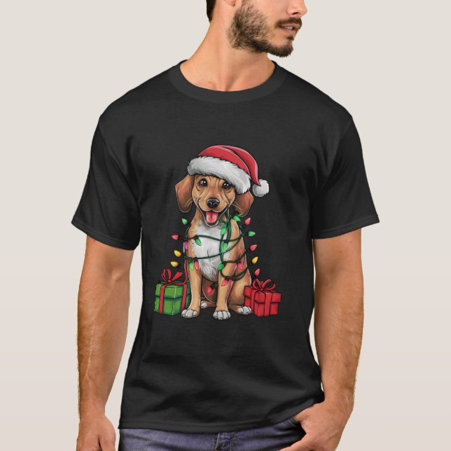 Xmas Lighting Santa Hat Mountain Cur Dog Christmas T-Shirt (Front)
