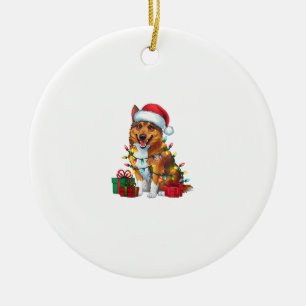Xmas Lighting Santa Hat Norwegian Elkhound Dog Chr Ceramic Ornament