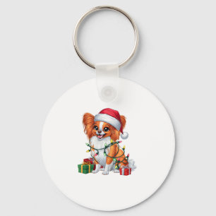 Xmas Lighting Santa Hat Papillon Dog Christmas _1 Keychain