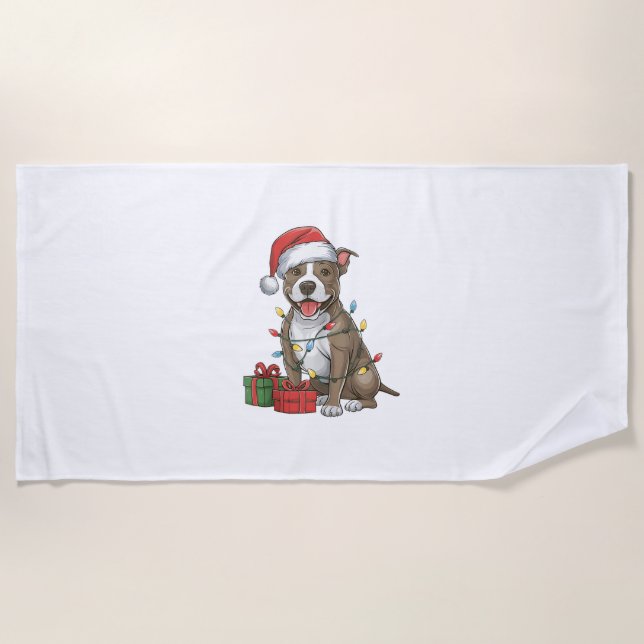 Xmas Lighting Santa Hat Pitbull Terrier Dog Christ Beach Towel (Front)