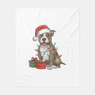 Xmas Lighting Santa Hat Pitbull Terrier Dog Christ Fleece Blanket