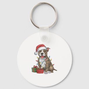 Xmas Lighting Santa Hat Pitbull Terrier Dog Christ Keychain